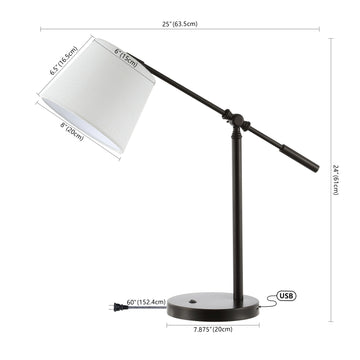 Troy 24" Classic Contemporary Iron LED Task Lamp with USB Charging Port - JONATHAN Y
